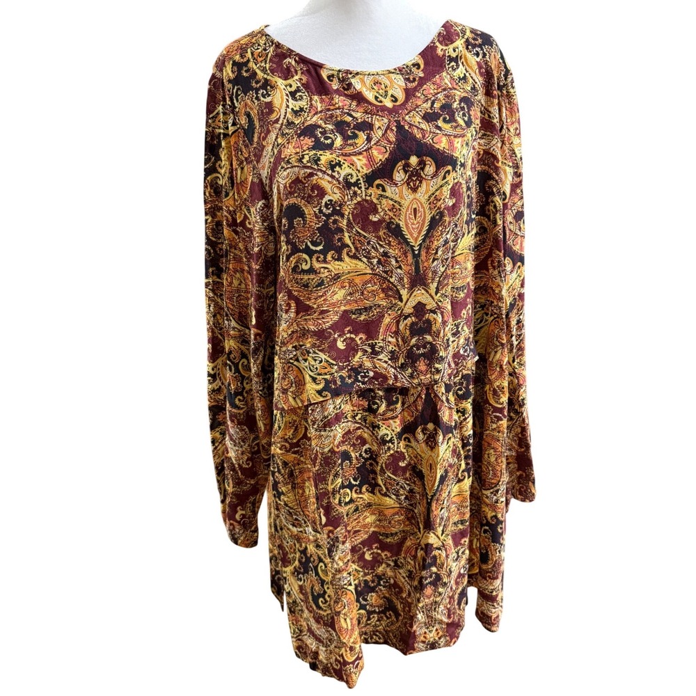 J.Jill Paisley Tunic Top XL Tall Long Sleeve Boho Print‎ Rayon Burgundy Gold